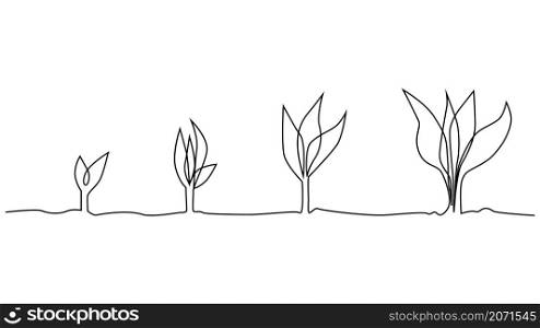 Phase of plant life continuous one line drawing minimalist illustration from seed, root and leaves. Phase of plant life continuous one line drawing minimalist illustration from seed and leaves
