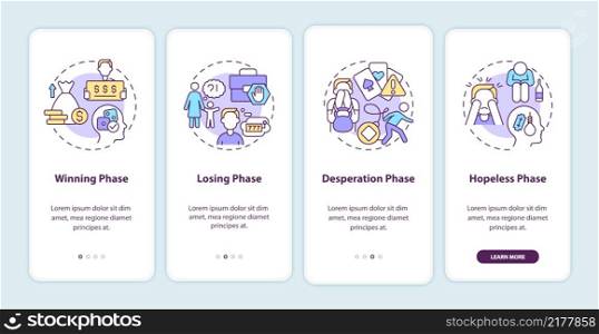Phases of gambling addiction onboarding mobile app screen. Disorder walkthrough 4 steps graphic instructions pages with linear concepts. UI, UX, GUI template. Myriad Pro-Bold, Regular fonts used. Phases of gambling addiction onboarding mobile app screen