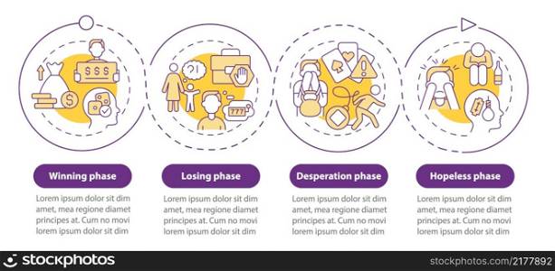 Phases of gambling addiction purple circle infographic template. Data visualization with 4 steps. Process timeline info chart. Workflow layout with line icons. Myriad Pro-Bold, Regular fonts used. Phases of gambling addiction purple circle infographic template
