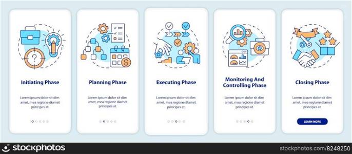 Phases of project management onboarding mobile app screen. Business walkthrough 5 steps editable graphic instructions with linear concepts. UI, UX, GUI template. Myriad Pro-Bold, Regular fonts used. Phases of project management onboarding mobile app screen