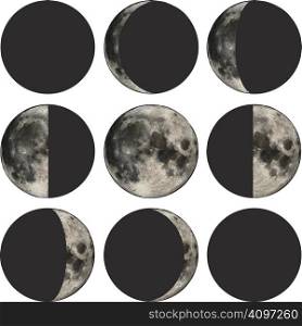 Phases of the moon vector illustration based on public domain image.