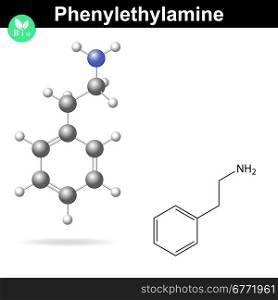 Phenylethylamine molecule, chemical formula of neuromediator, 2d vector, eps 8