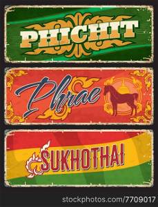 Phichit, Phrae and Sukhothai Thai province vector plates with Thailand district flag and seal signs. Thai travel tin plates and vintage stickers with horse, Buddhist temple stupa and fire flames. Phichit, Phrae and Sukhothai Thai province plates