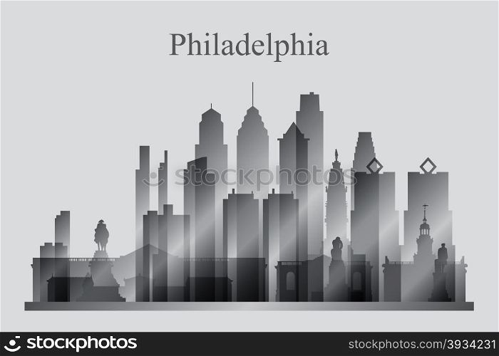 Philadelphia city skyline silhouette in grayscale, vector illustration