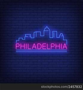 Philadelphia neon lettering and city buildings silhouette. Sightseeing, tourism, travel design. Night bright neon sign, colorful billboard, light banner. Vector illustration in neon style.