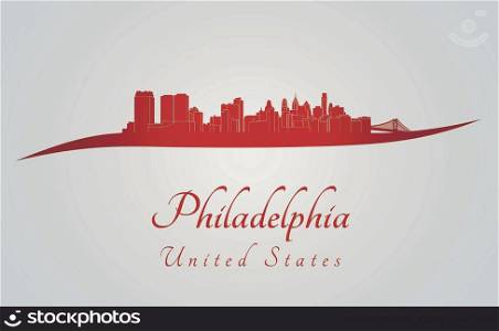 Philadelphia skyline in red and gray background in editable vector file
