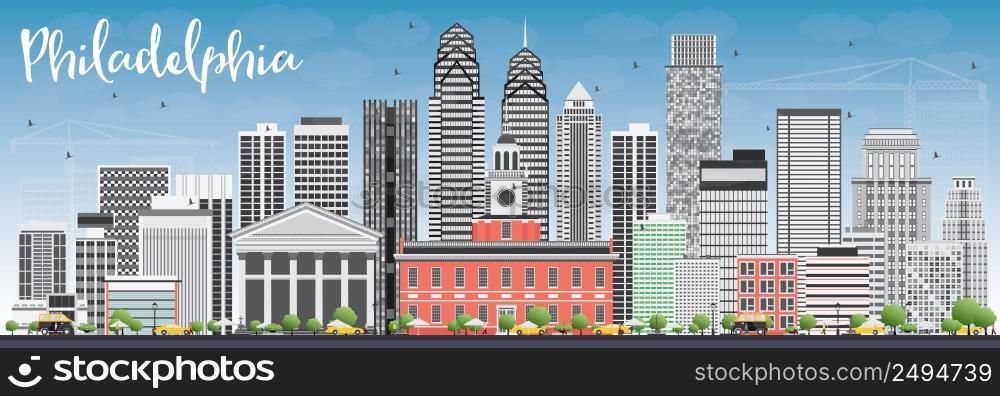 Philadelphia Skyline with Gray Buildings and Blue Sky. Vector Illustration. Business Travel and Tourism Concept with Philadelphia City. Image for Presentation Banner Placard and Web Site.