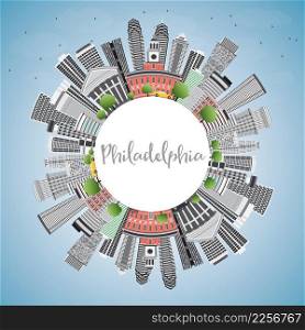 Philadelphia Skyline with Gray Buildings, Blue Sky and Copy Space. Vector Illustration. Business Travel and Tourism Concept with Philadelphia City. Image for Presentation Banner Placard and Web Site.