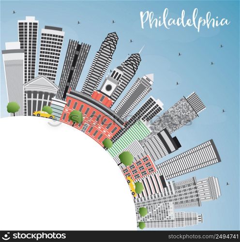 Philadelphia Skyline with Gray Buildings, Blue Sky and Copy Space. Vector Illustration. Business Travel and Tourism Concept with Philadelphia City. Image for Presentation Banner Placard and Web Site.