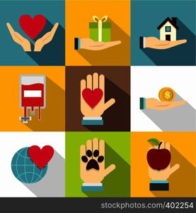 Philanthropy icons set. Flat illustration of 9 philanthropy vector icons for web. Philanthropy icons set, flat style
