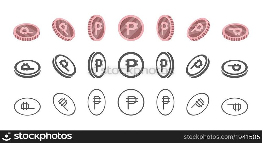 Philippine peso coins. Rotation of icons at different angles for animation. Coins in isometric. Vector illustration