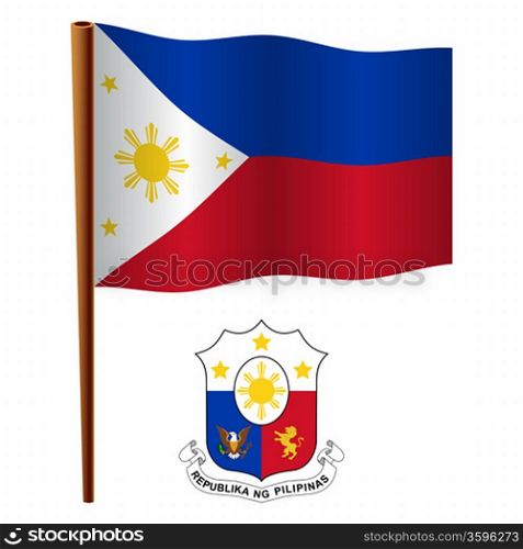 philippines wavy flag and coat of arm against white background, vector art illustration, image contains transparency