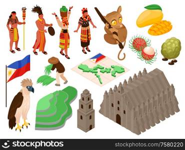 Phillipine travel isometric set with flag and map symbols isolated vector illustration