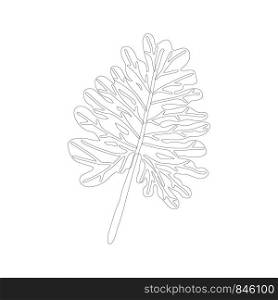 Philodendron leaf in black outline on white background. Tropical leaves on background. Postcard, banner, app design. . Philodendron leaf in black outline on white background