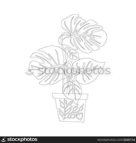 Philodendron plant pot in black outline on white background. Postcard, banner, app design. . Philodendron plant pot in black outline on white background