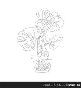 Philodendron plant pot in black outline on white background. Postcard, banner, app design. . Philodendron plant pot in black outline on white background