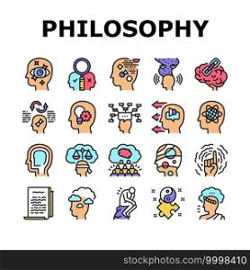Philosophy Science Collection Icons Set Vector. Social Philosophy And Logic, Aesthetics And Ethics, Metaphilosophy And Epistemology Concept Linear Pictograms. Contour Color Illustrations. Philosophy Science Collection Icons Set Vector