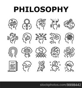 Philosophy Science Collection Icons Set Vector. Social Philosophy And Logic, Aesthetics And Ethics, Metaphilosophy And Epistemology Black Contour Illustrations. Philosophy Science Collection Icons Set Vector