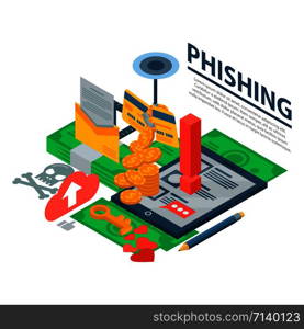 Phishing attack concept background. Isometric illustration of phishing attack vector concept background for web design. Phishing attack concept background, isometric style