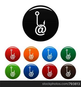 Phishing email icons set 9 color vector isolated on white for any design. Phishing email icons set color