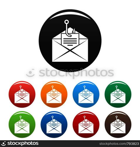 Phishing personal mail icons set 9 color vector isolated on white for any design. Phishing personal mail icons set color