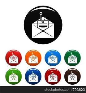 Phishing personal mail icons set 9 color vector isolated on white for any design. Phishing personal mail icons set color
