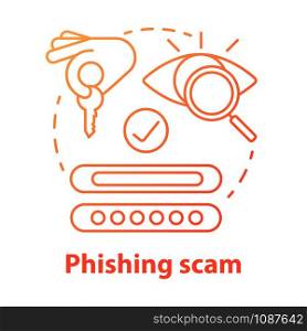 Phishing scam concept icon. Authorization. Internet security from thieves. Cybercrime and fraud. Login and password entry idea thin line illustration. Vector isolated outline drawing