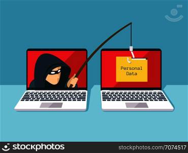 Phishing scam, hacker attack and web security vector concept. Illustration of phishing and fraud, online scam and steal. Phishing scam, hacker attack and web security vector concept