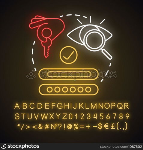 Phishing scam neon light concept icon. Authorization. Internet security. Cybercrime, fraud. Login and password entry idea. Glowing sign with alphabet, numbers and symbols. Vector isolated illustration