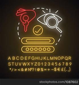 Phishing scam neon light concept icon. Authorization. Internet security. Cybercrime, fraud. Login and password entry idea. Glowing sign with alphabet, numbers and symbols. Vector isolated illustration