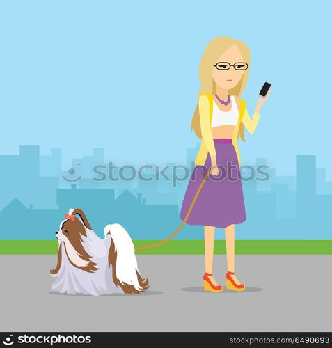 Phlegmatic Temperament Type Girl with Dog.. Phlegmatic temperament type girl walking with her adorable dog. Relaxed and peaceful lady having fun with pet. Thoughtful, calm, patient woman with phone in urban city. Vector in flat style