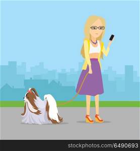 Phlegmatic Temperament Type Girl with Dog.. Phlegmatic temperament type girl walking with her adorable dog. Relaxed and peaceful lady having fun with pet. Thoughtful, calm, patient woman with phone in urban city. Vector in flat style
