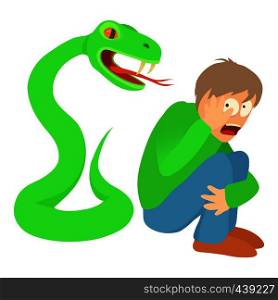 Phlegmophobia concept. Cartoon illustration of a man suffering from the fear of snakes. Phlegmophobia concept, cartoon illustration