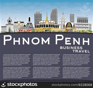 Phnom Penh Cambodia City Skyline with Color Buildings, Blue Sky and Copy Space. Vector Illustration. Business Travel and Tourism Concept with Historic Architecture. Phnom Penh Cityscape with Landmarks. 
