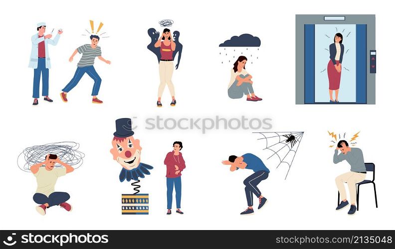 Phobia. Cartoon scared and obsessed with fear people, panic and nervous horrified persons. Vector illustration characters with scared expressions phobia people meeting with fear. Phobia. Cartoon scared and obsessed with fear people, panic and nervous horrified persons. Vector characters with scared expressions