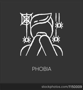 Phobia chalk icon. Fear of spiders. Arachnophobia. Frightened person, terrified man Horror. Panic attack. Anxiety and distress. Psychotherapy. Mental disorder. Isolated vector chalkboard illustration. Phobia chalk icon. Fear of spiders. Arachnophobia. Frightened person, terrified man. Horror. Panic attack. Anxiety and distress. Psychotherapy. Mental disorder. Isolated vector chalkboard illustration