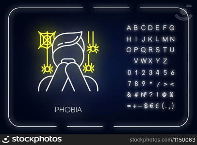 Phobia neon light icon. Fear of spiders. Arachnophobia. Frightened, terrified man. Horror. Panic attack. Mental disorder. Glowing sign with alphabet, numbers and symbols. Vector isolated illustration