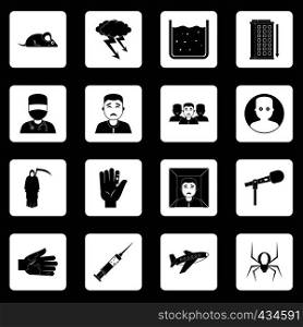 Phobia symbols icons set in white squares on black background simple style vector illustration. Phobia symbols icons set squares vector