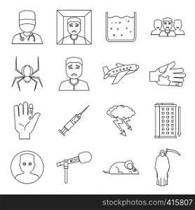 Phobia symbols icons set. Outline illustration of 16 phobia symbols vector icons for web. Phobia symbols icons set, outline style