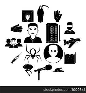 Phobia symbols icons set. Simple illustration of 16 phobia symbols vector icons for web. Phobia symbols icons set, simple style