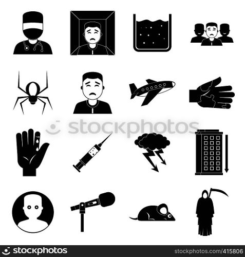 Phobia symbols icons set. Simple illustration of 16 phobia symbols vector icons for web. Phobia symbols icons set, simple style