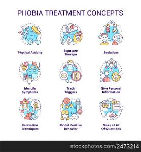 Phobia treatment concept icons set. Therapy techniques. Anxiety disorder idea thin line color illustrations. Isolated symbols. Editable stroke. Roboto-Medium, Myriad Pro-Bold fonts used . Phobia treatment concept icons set