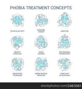 Phobia treatment turquoise concept icons set. Therapy techniques. Anxiety disorder idea thin line color illustrations. Isolated symbols. Editable stroke. Roboto-Medium, Myriad Pro-Bold fonts used . Phobia treatment turquoise concept icons set