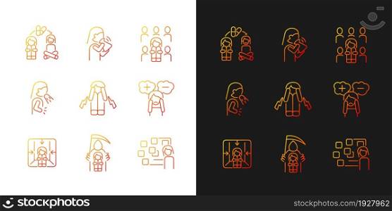 Phobias and its symptoms gradient icons set for dark and light mode. Vomiting and nausea. Thin line contour symbols bundle. Isolated vector outline illustrations collection on black and white. Phobias and its symptoms gradient icons set for dark and light mode