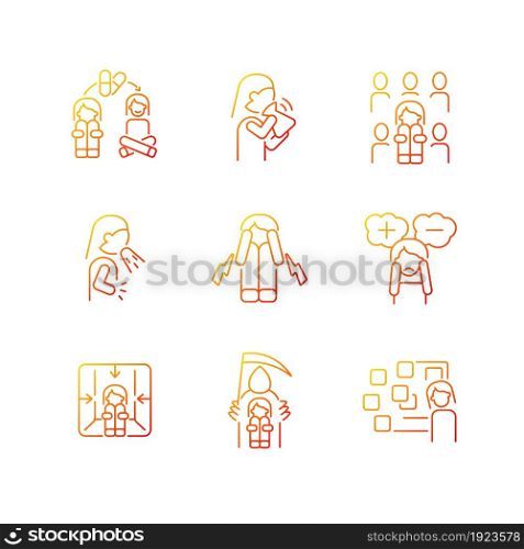 Phobias and its symptoms gradient linear vector icons set. Hyperventilation and consternation. Signs and treatment. Thin line contour symbols bundle. Isolated outline illustrations collection. Phobias and its symptoms gradient linear vector icons set
