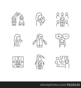 Phobias and its symptoms linear icons set. Vomiting and nausea. Hyperventilation and consternation. Customizable thin line contour symbols. Isolated vector outline illustrations. Editable stroke. Phobias and its symptoms linear icons set
