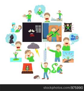 Phobias icons set human. Cartoon illustration of 16 various phobias human vector icons for web. Phobias icons set human, cartoon style
