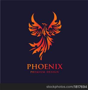 Phoenix logo- creative logo of mythological bird Fenix, a unique bird - a flame born from ashes. Silhouette of a fire bird. Logo template in form of fire and bird coming out of flame and sparks