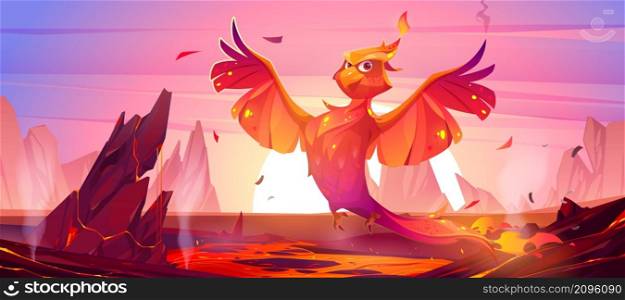 Phoenix or fenix fire bird cartoon character at volcanic landscape with lava and sunrise. Fantasy magic creature with red burning plumage. Fairytale animal, symbol of reborn, Vector illustration. Phoenix or fenix fire bird cartoon character rise
