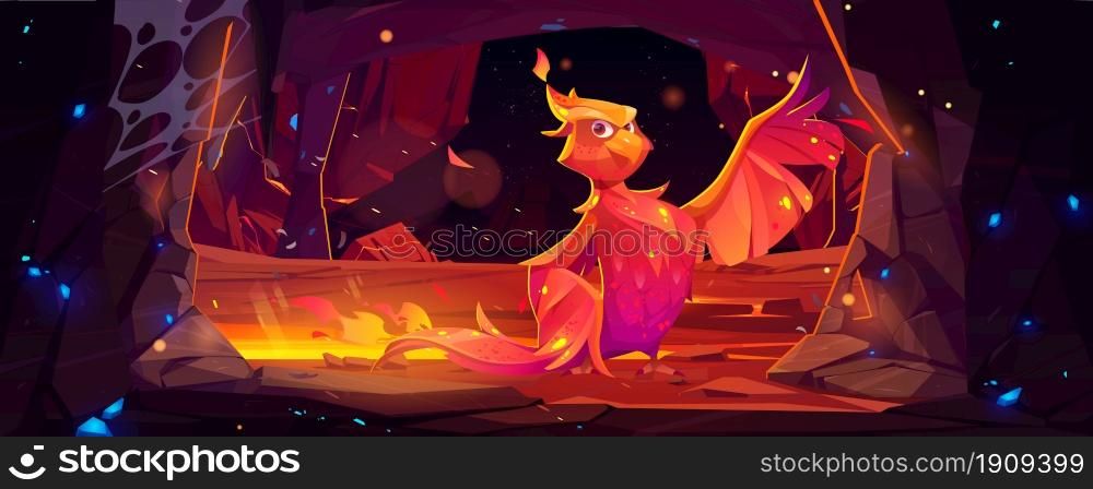 Phoenix or fenix fire bird cartoon character in underground cave with burning flame. Fantasy magic creature, fairytale folklore animal, symbol of immortality and reborn from ashes vector illustration. Phoenix, fenix fire bird cartoon character in cave